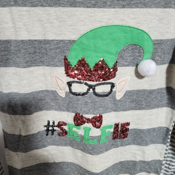 Ugly Christmas Sweater T-Shirt Womens Medium Elf Selfie Gray Striped Long Sleeve - Picture 3 of 5